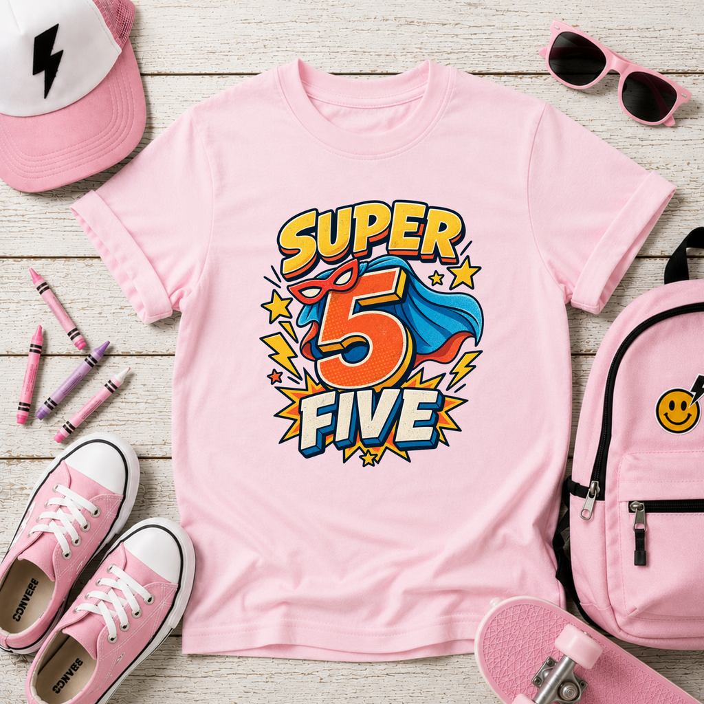"Super 5 Five" Kids T‑Shirt Superhero 5th Birthday Tee