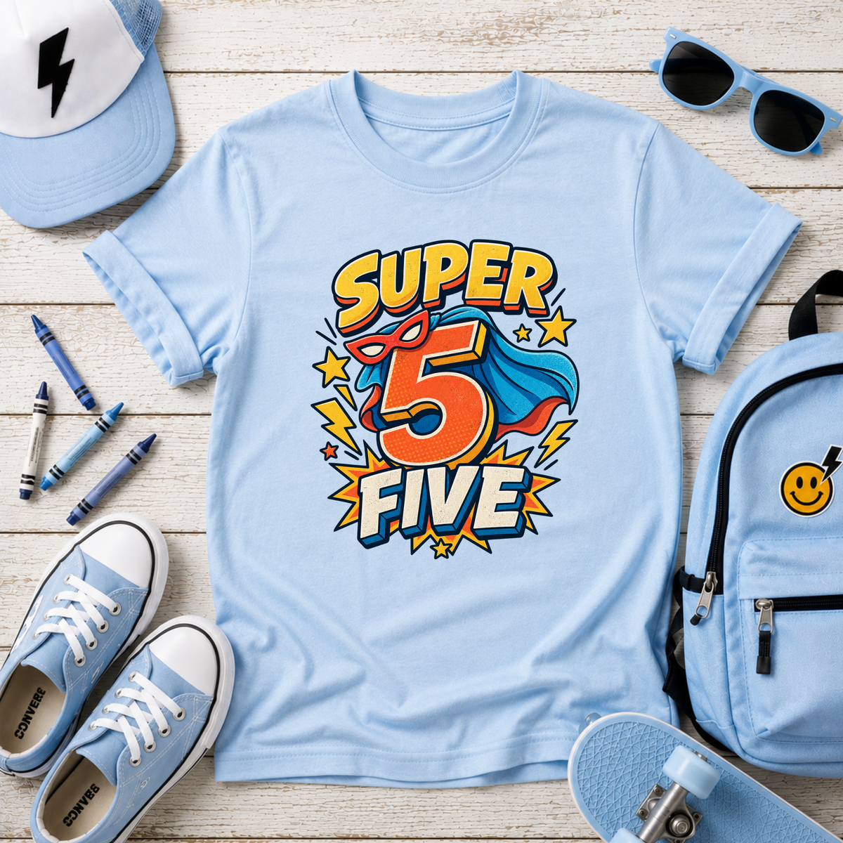 "Super 5 Five" Kids T‑Shirt Superhero 5th Birthday Tee