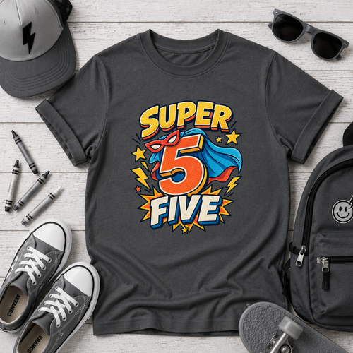 "Super 5 Five" Kids T‑Shirt Superhero 5th Birthday Tee