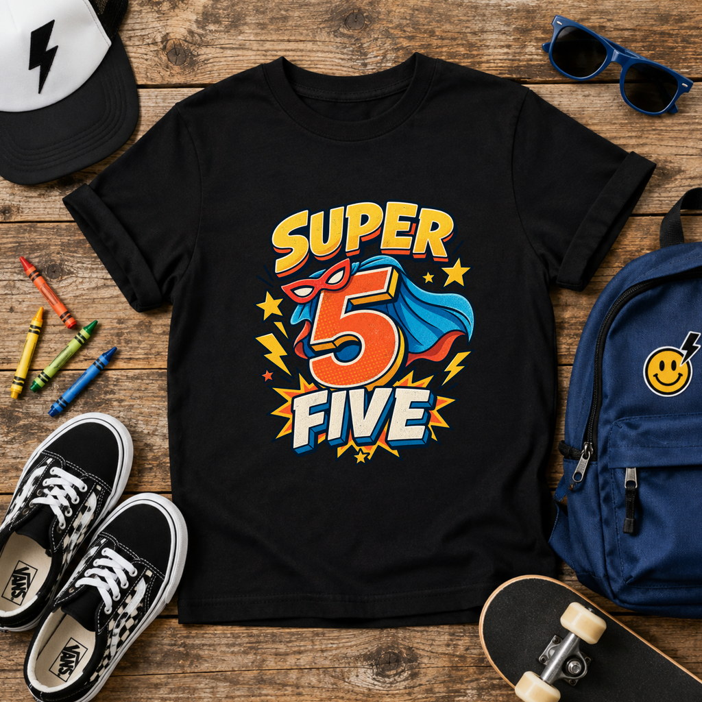 "Super 5 Five" Kids T‑Shirt Superhero 5th Birthday Tee