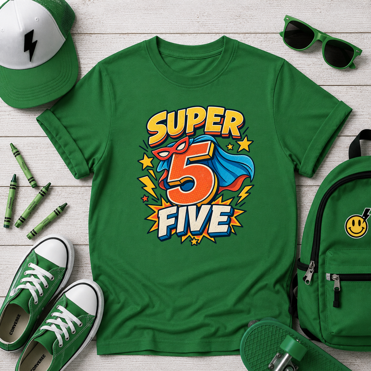 "Super 5 Five" Kids T‑Shirt Superhero 5th Birthday Tee
