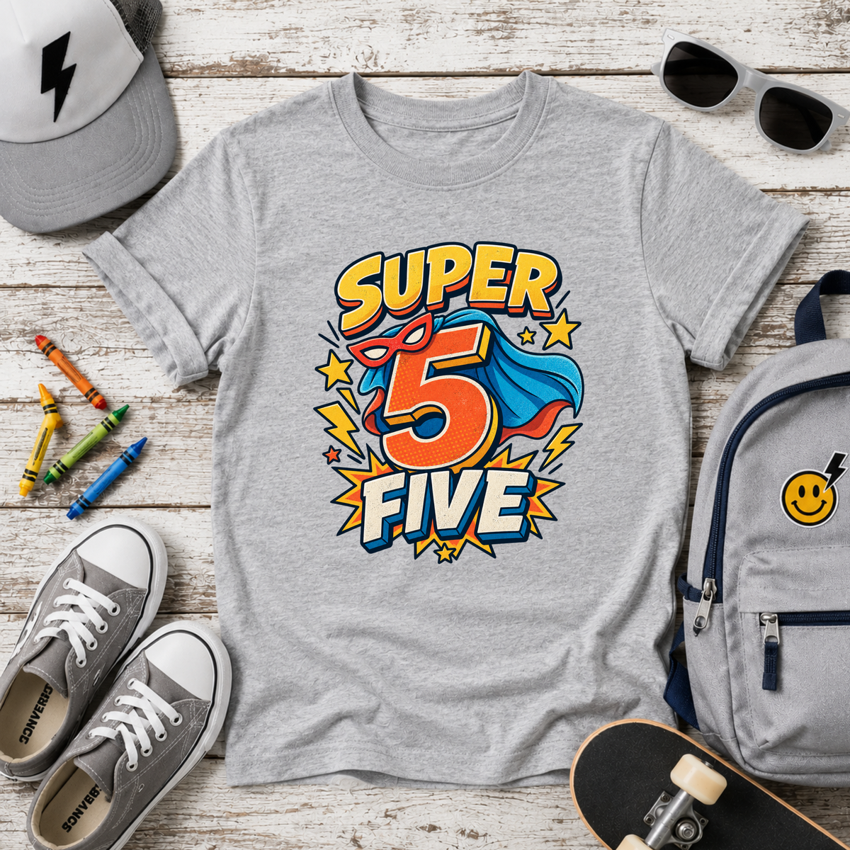 "Super 5 Five" Kids T‑Shirt Superhero 5th Birthday Tee