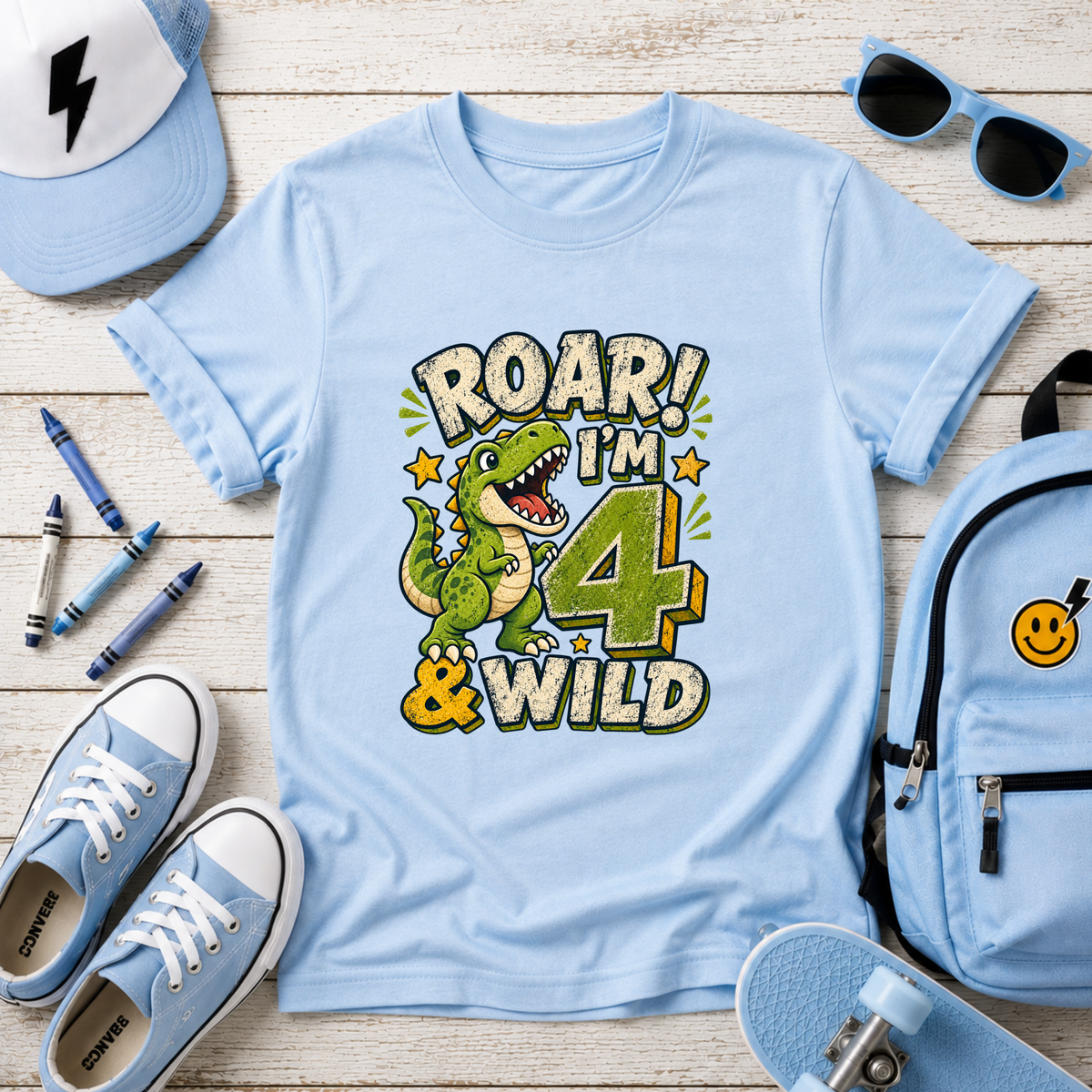 Kids T-Shirt - "Roar! I'm 4 & Wild" Dinosaur Birthday Tee