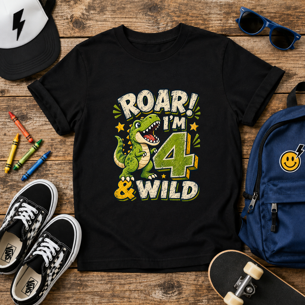 Kids T-Shirt - "Roar! I'm 4 & Wild" Dinosaur Birthday Tee
