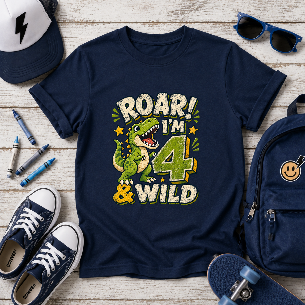 Kids T-Shirt - "Roar! I'm 4 & Wild" Dinosaur Birthday Tee