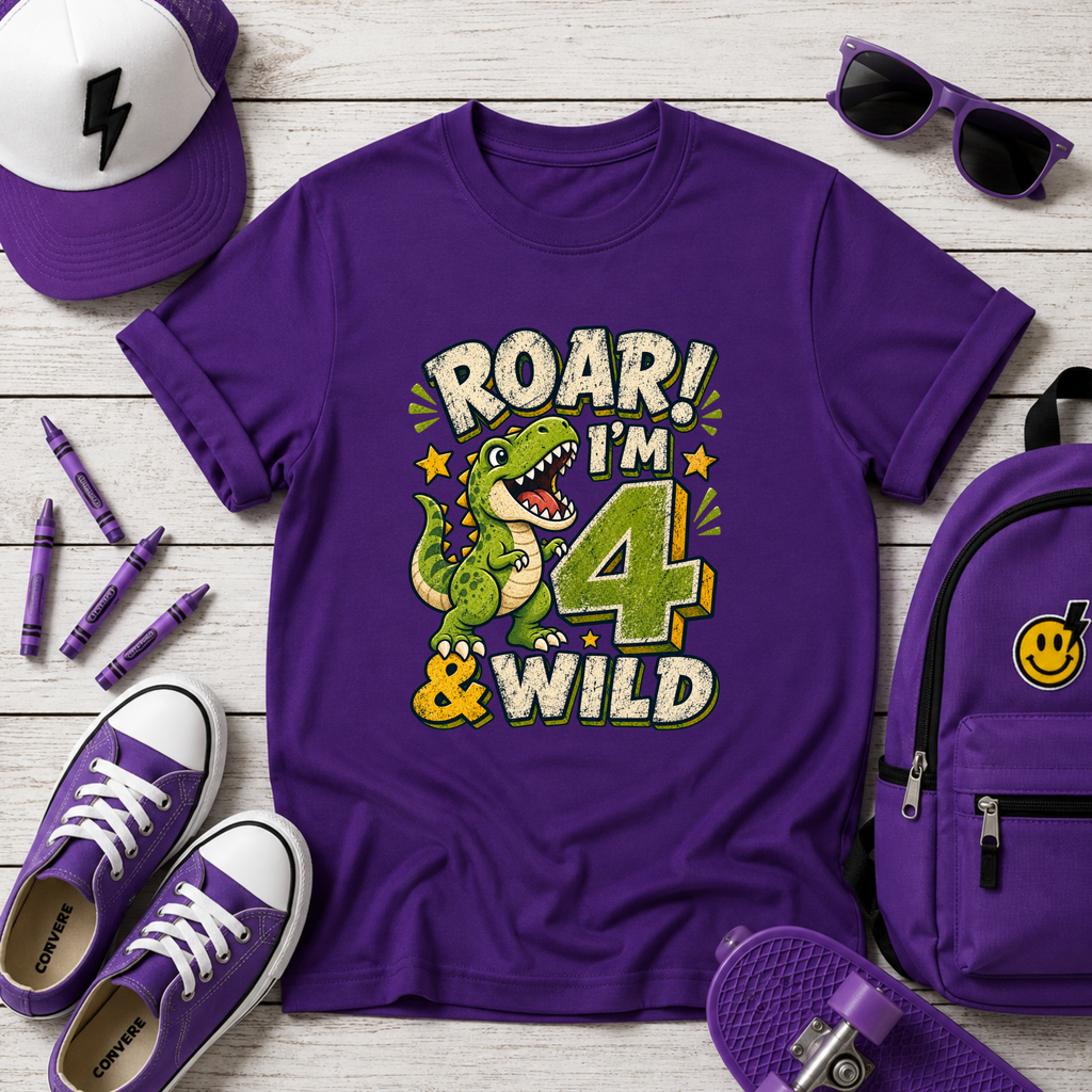 Kids T-Shirt - "Roar! I'm 4 & Wild" Dinosaur Birthday Tee