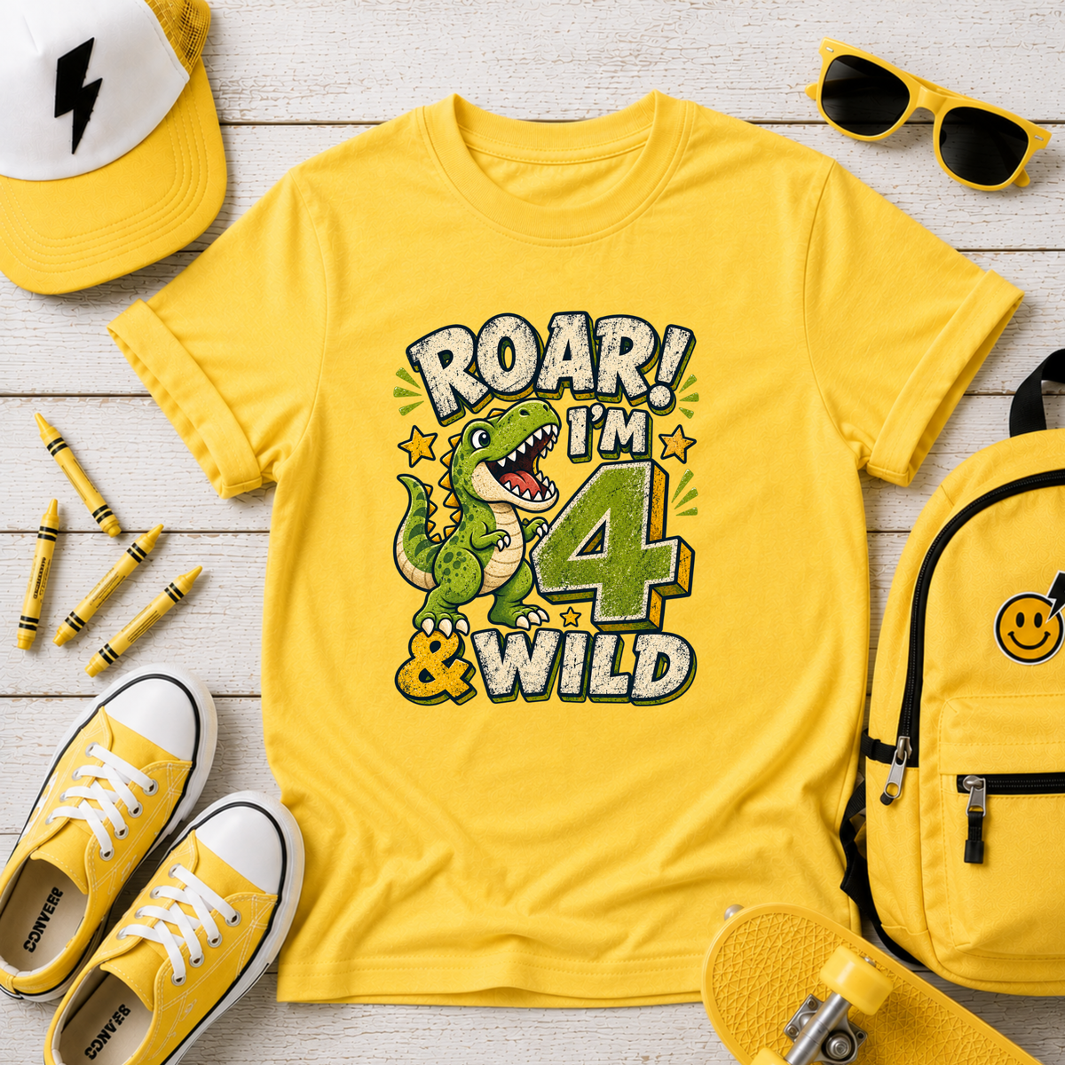 Kids T-Shirt - "Roar! I'm 4 & Wild" Dinosaur Birthday Tee