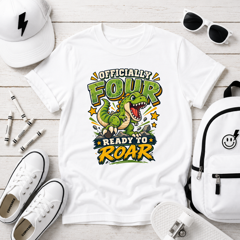 Kids T-Shirt "Officially Four" Dinosaur Birthday Tee (Ready to Roar)