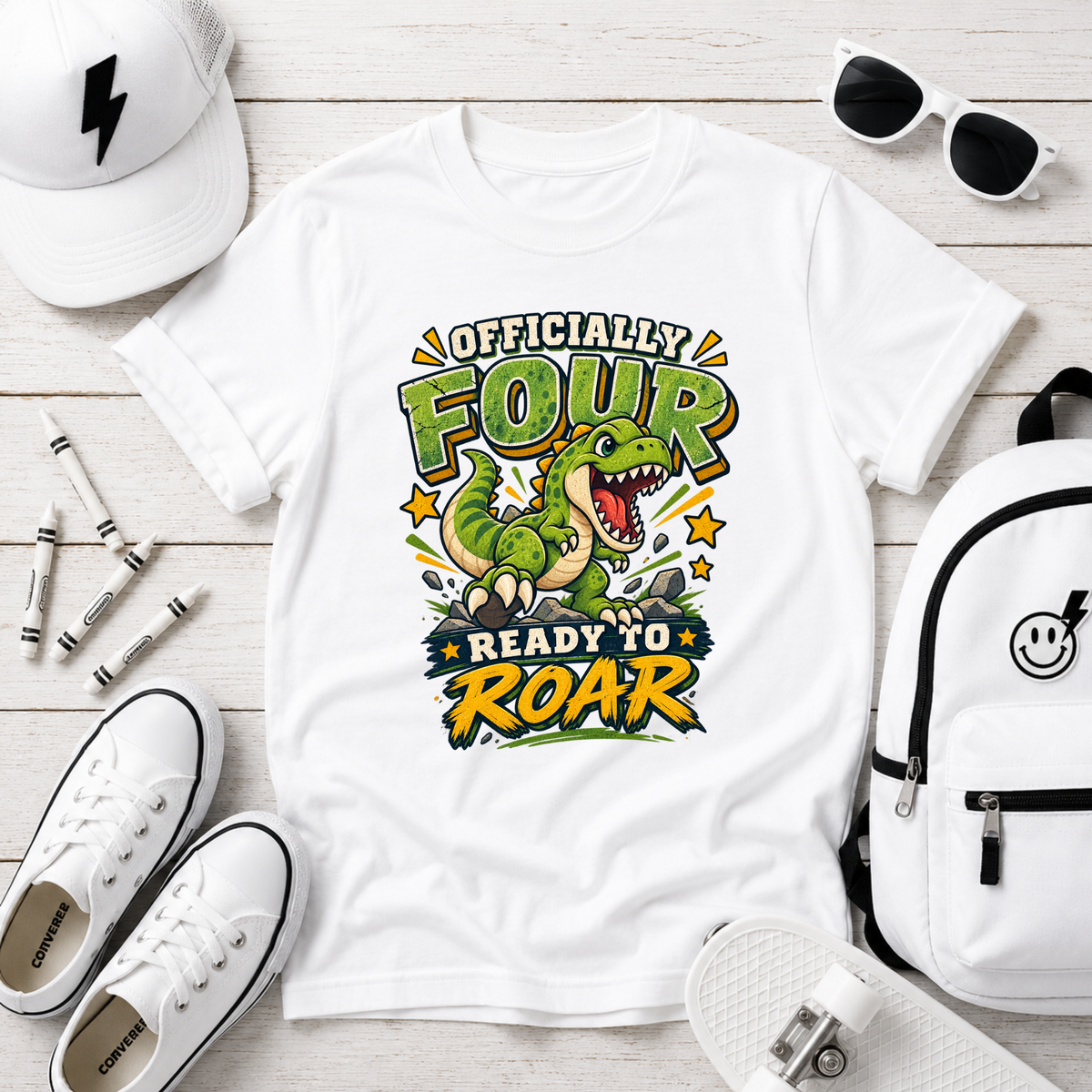 Kids T-Shirt "Officially Four" Dinosaur Birthday Tee (Ready to Roar)