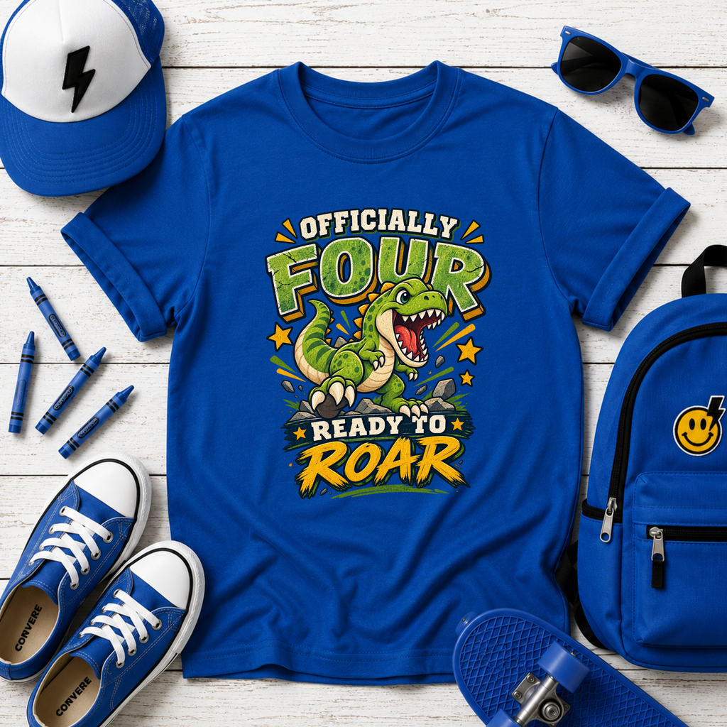 Kids T-Shirt "Officially Four" Dinosaur Birthday Tee (Ready to Roar)