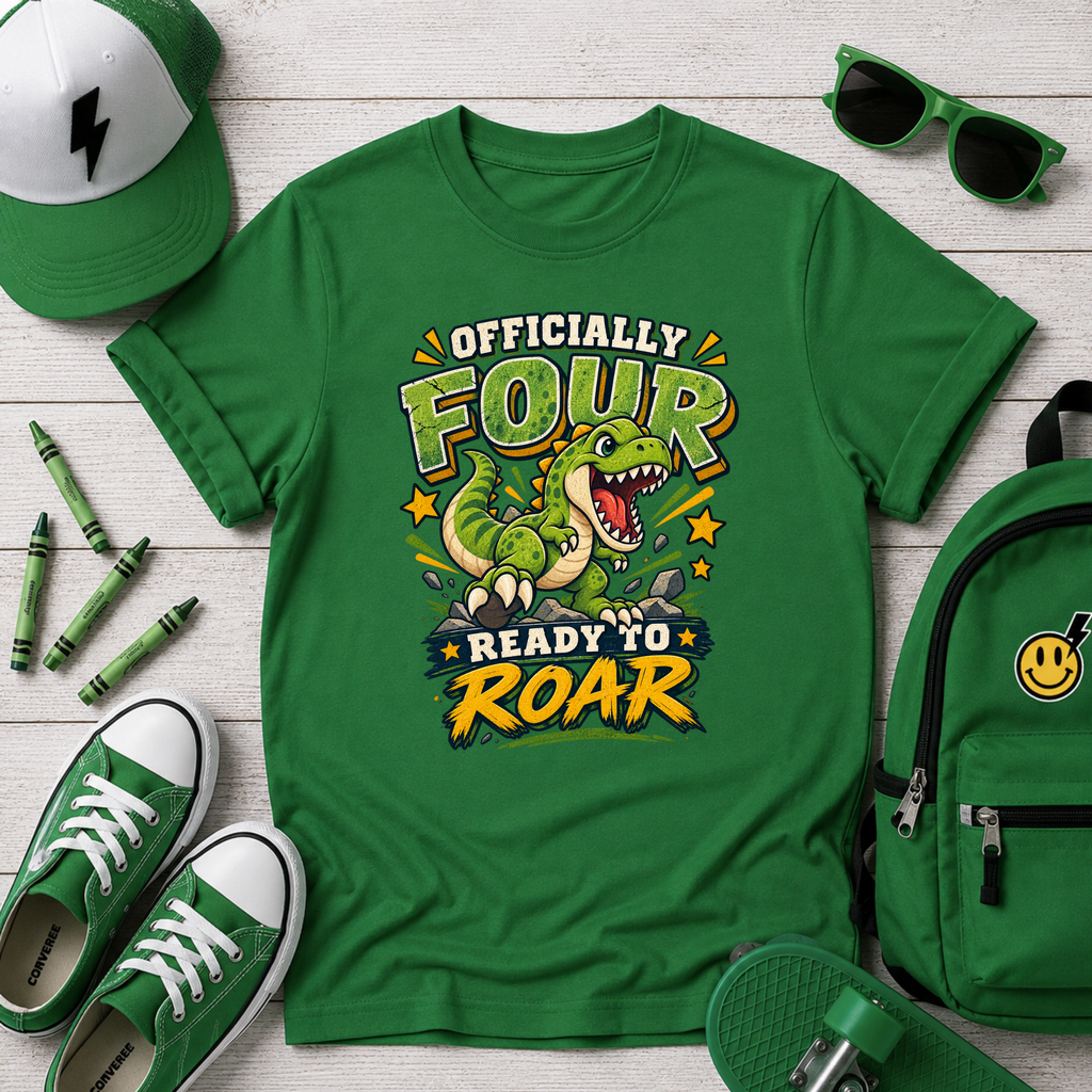 Kids T-Shirt "Officially Four" Dinosaur Birthday Tee (Ready to Roar)