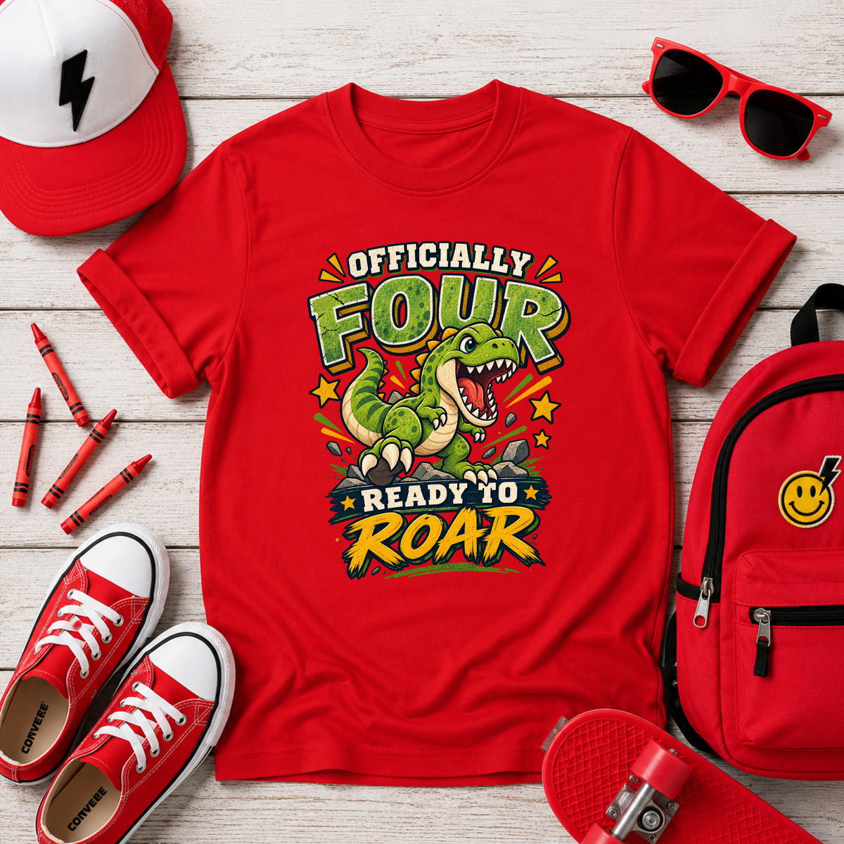 Kids T-Shirt "Officially Four" Dinosaur Birthday Tee (Ready to Roar)