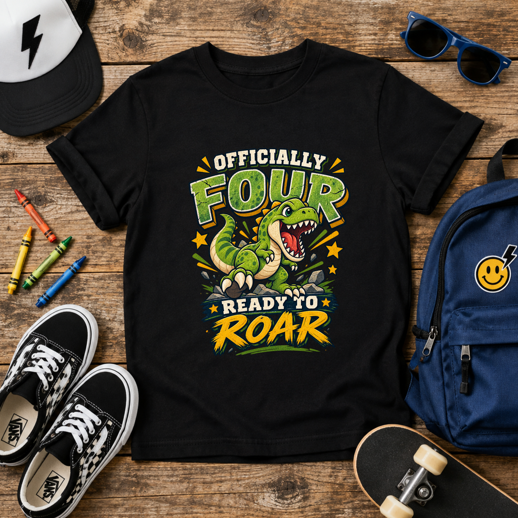 Kids T-Shirt "Officially Four" Dinosaur Birthday Tee (Ready to Roar)