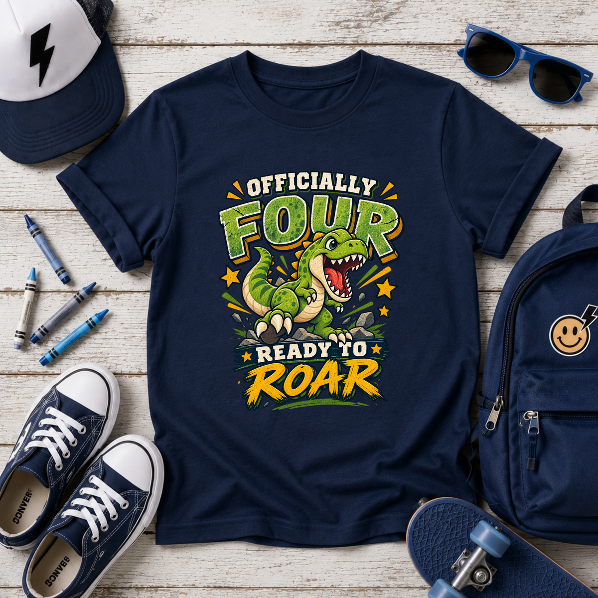 Kids T-Shirt "Officially Four" Dinosaur Birthday Tee (Ready to Roar)