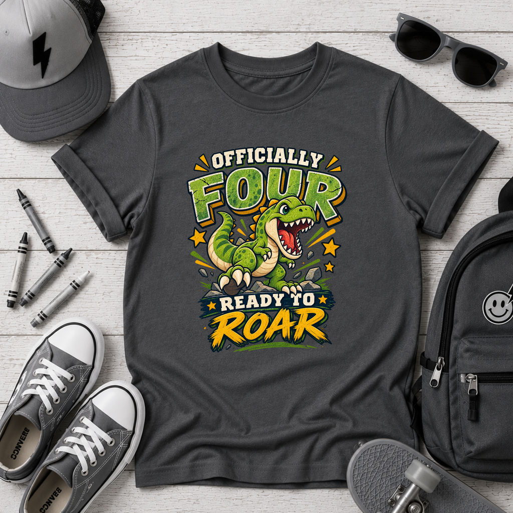 Kids T-Shirt "Officially Four" Dinosaur Birthday Tee (Ready to Roar)