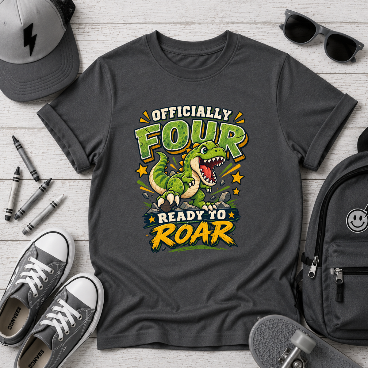 Kids T-Shirt "Officially Four" Dinosaur Birthday Tee (Ready to Roar)