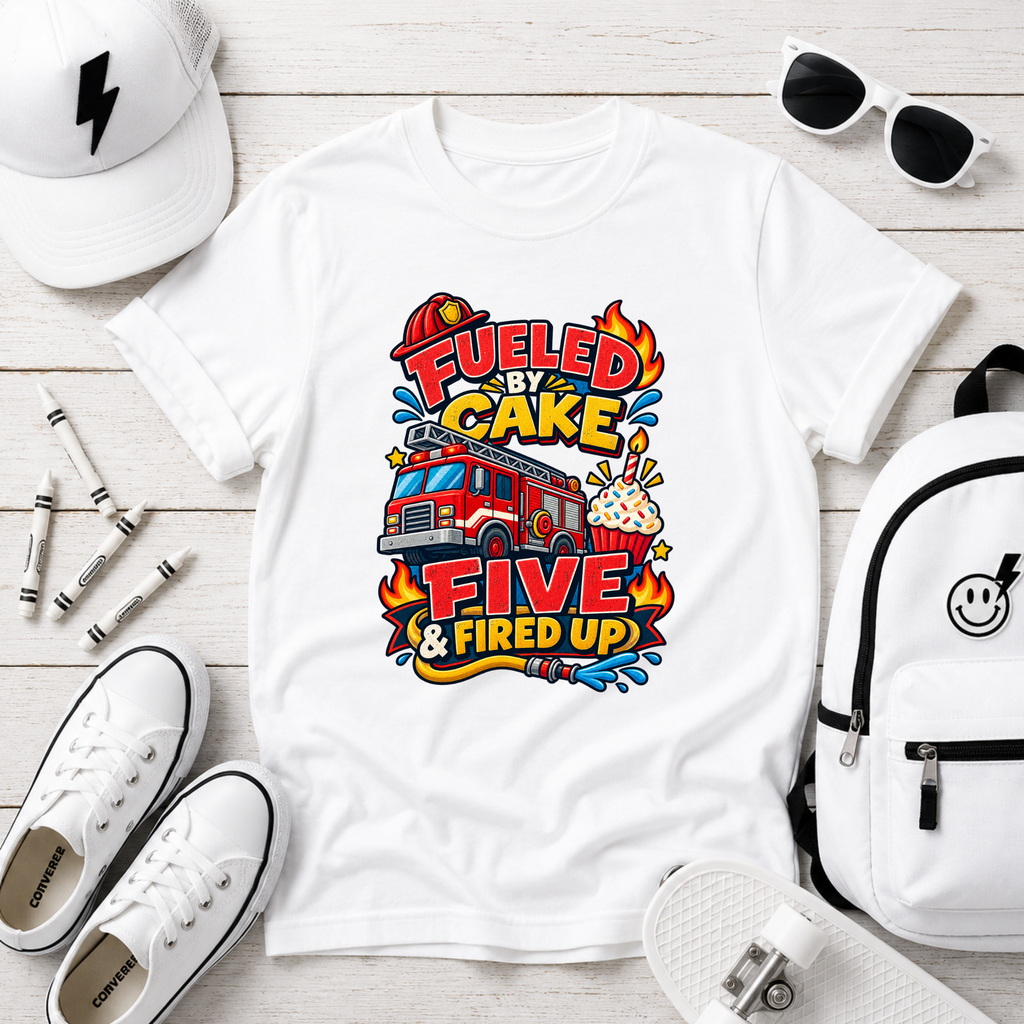 Kids Tee "Fueled by Cake, Five & Fired Up" Firetruck Birthday Shirt