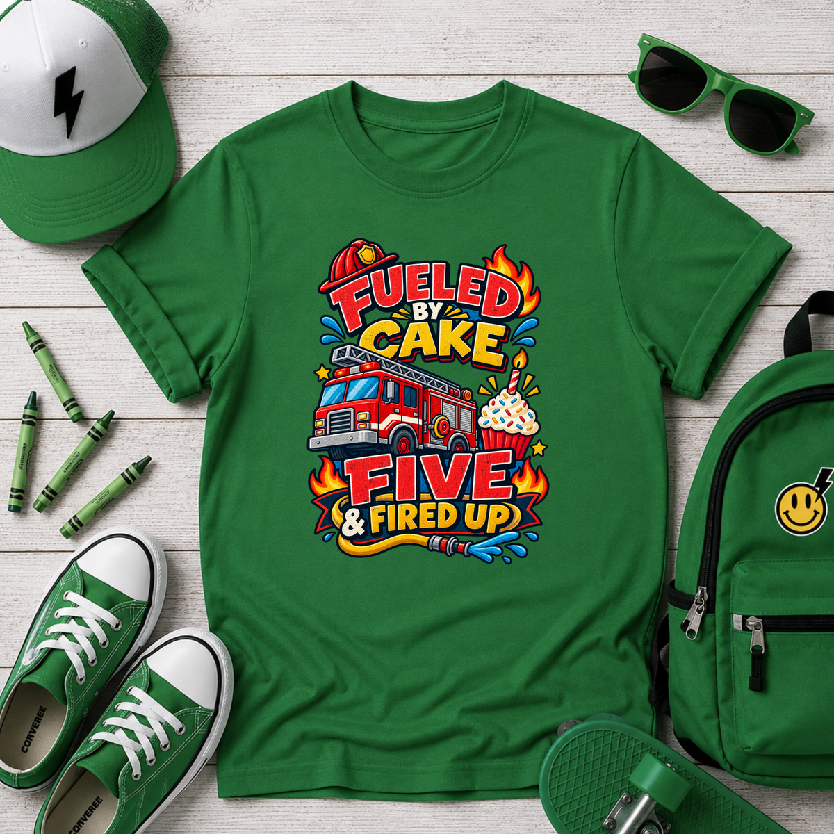 Kids Tee "Fueled by Cake, Five & Fired Up" Firetruck Birthday Shirt