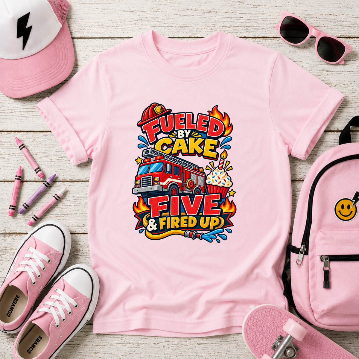 Kids Tee "Fueled by Cake, Five & Fired Up" Firetruck Birthday Shirt