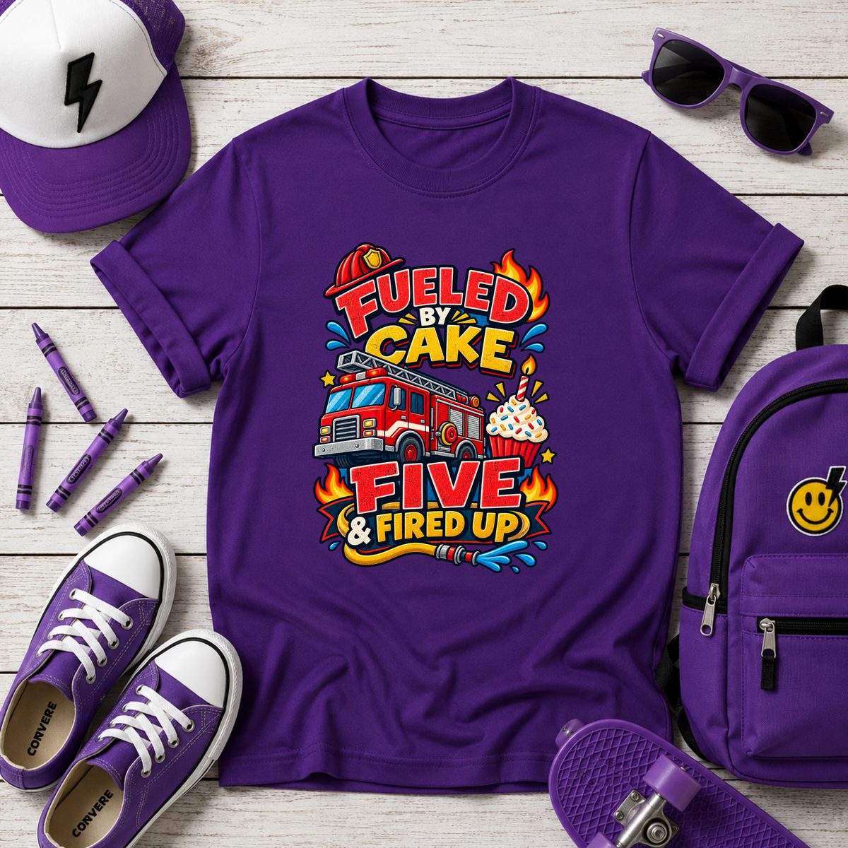 Kids Tee "Fueled by Cake, Five & Fired Up" Firetruck Birthday Shirt