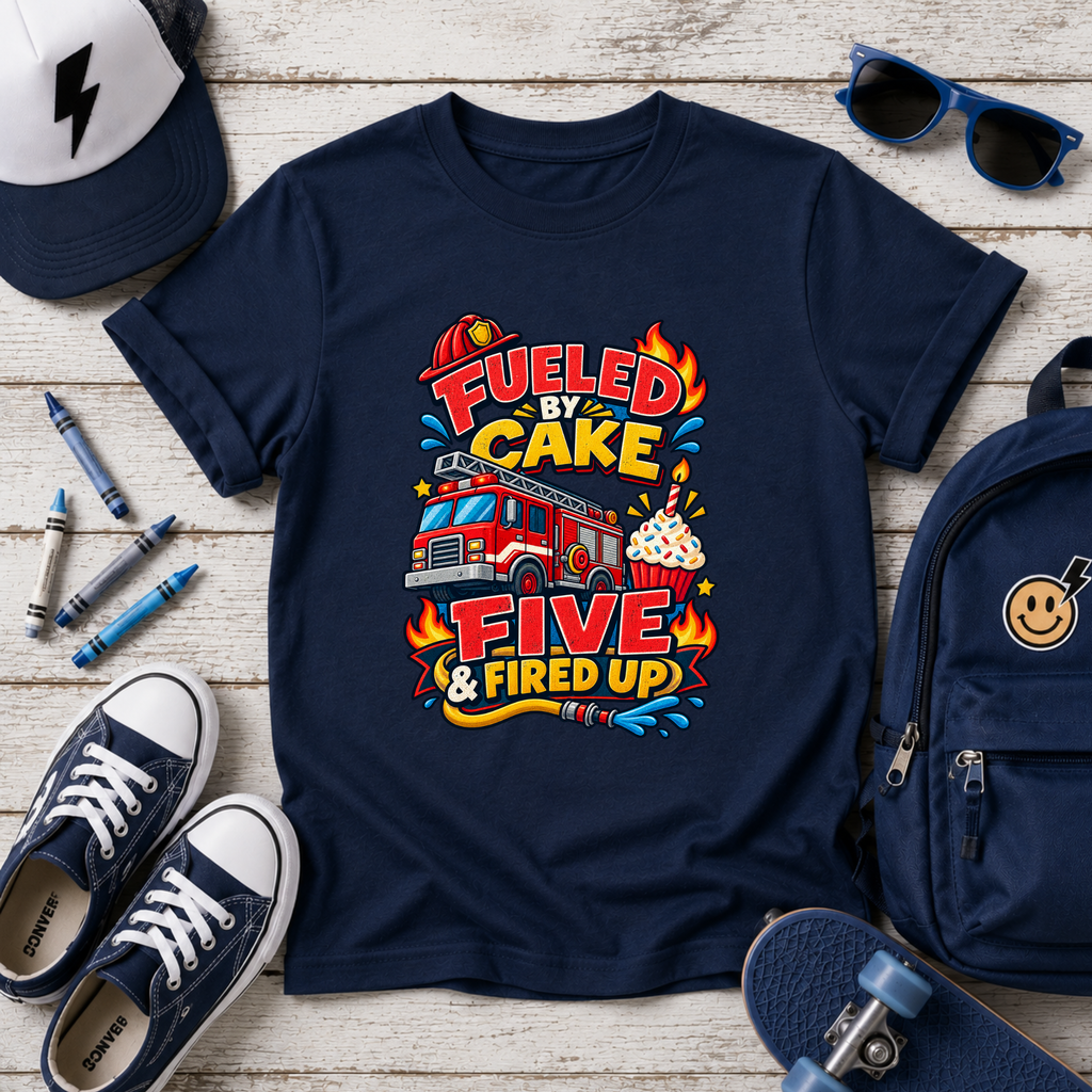 Kids Tee "Fueled by Cake, Five & Fired Up" Firetruck Birthday Shirt