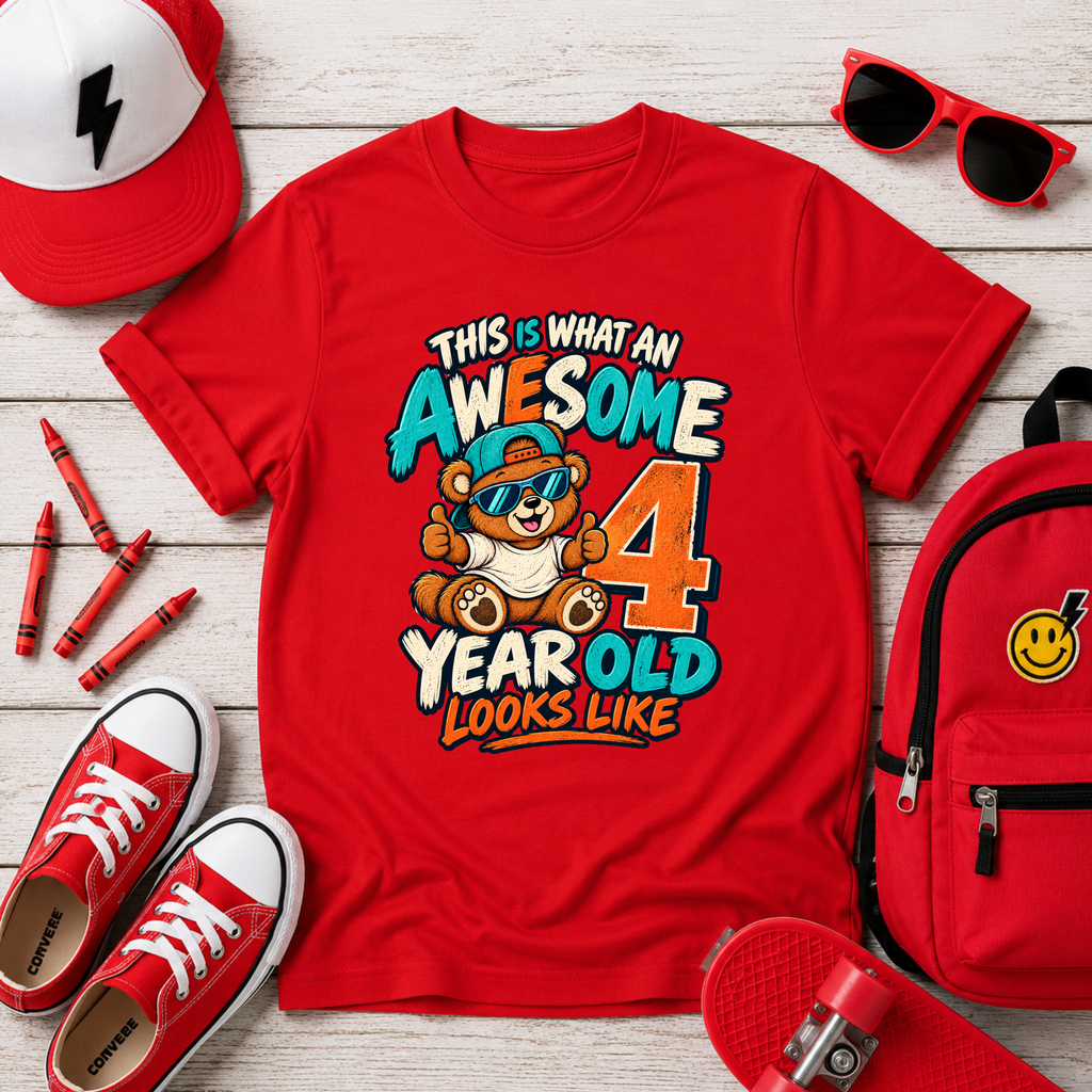 Kids 4th Birthday T‑Shirt - "This Is What An Awesome 4 Year Old Looks Like" Cute Bear Tee