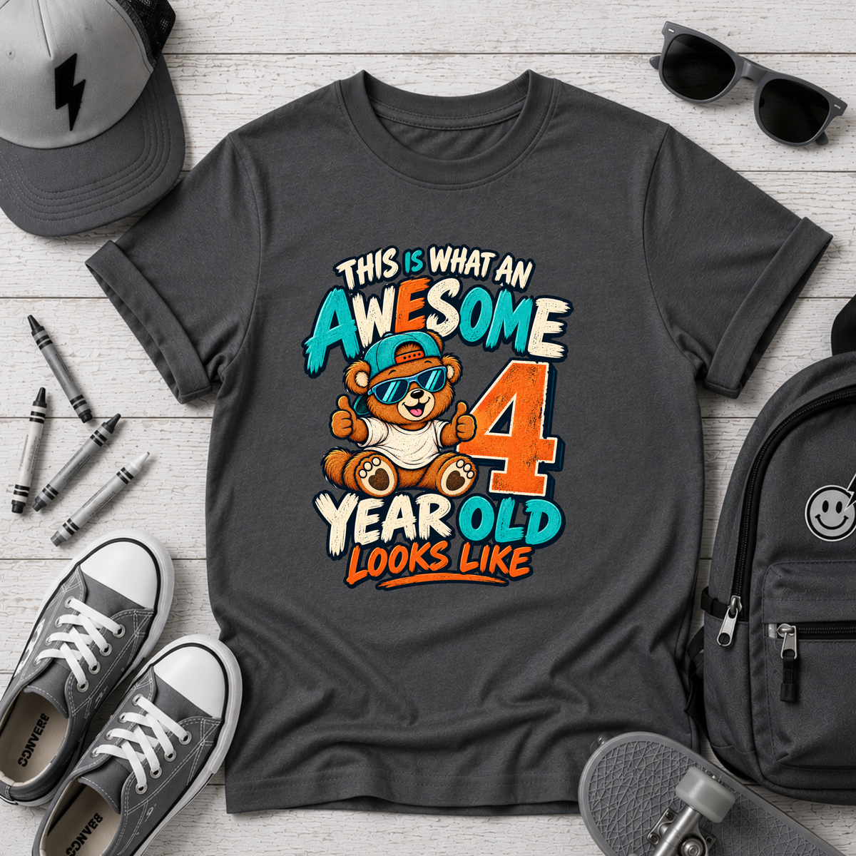 Kids 4th Birthday T‑Shirt - "This Is What An Awesome 4 Year Old Looks Like" Cute Bear Tee