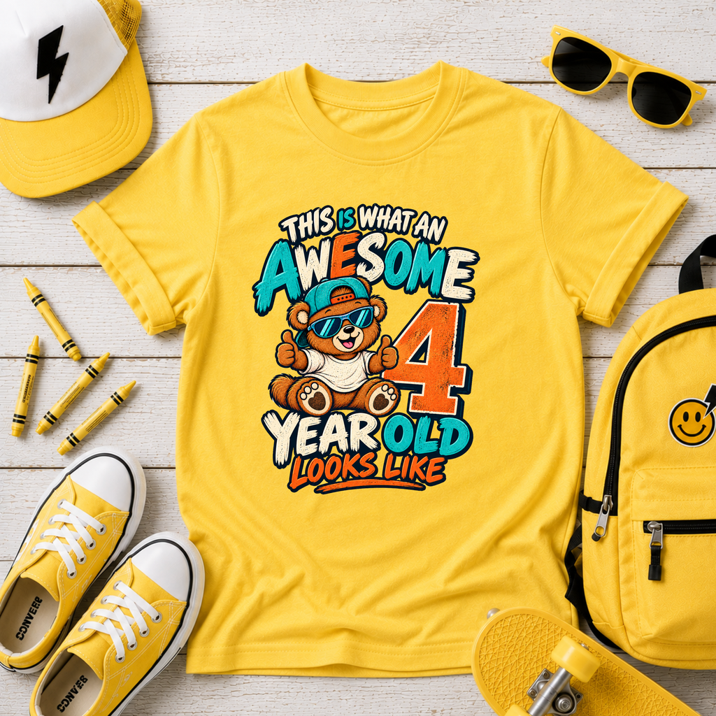 Kids 4th Birthday T‑Shirt - "This Is What An Awesome 4 Year Old Looks Like" Cute Bear Tee