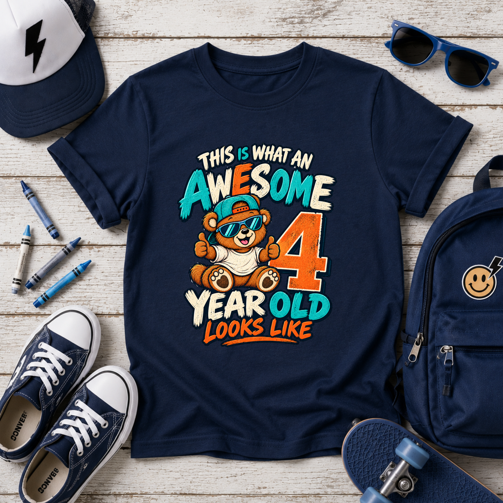 Kids 4th Birthday T‑Shirt - "This Is What An Awesome 4 Year Old Looks Like" Cute Bear Tee