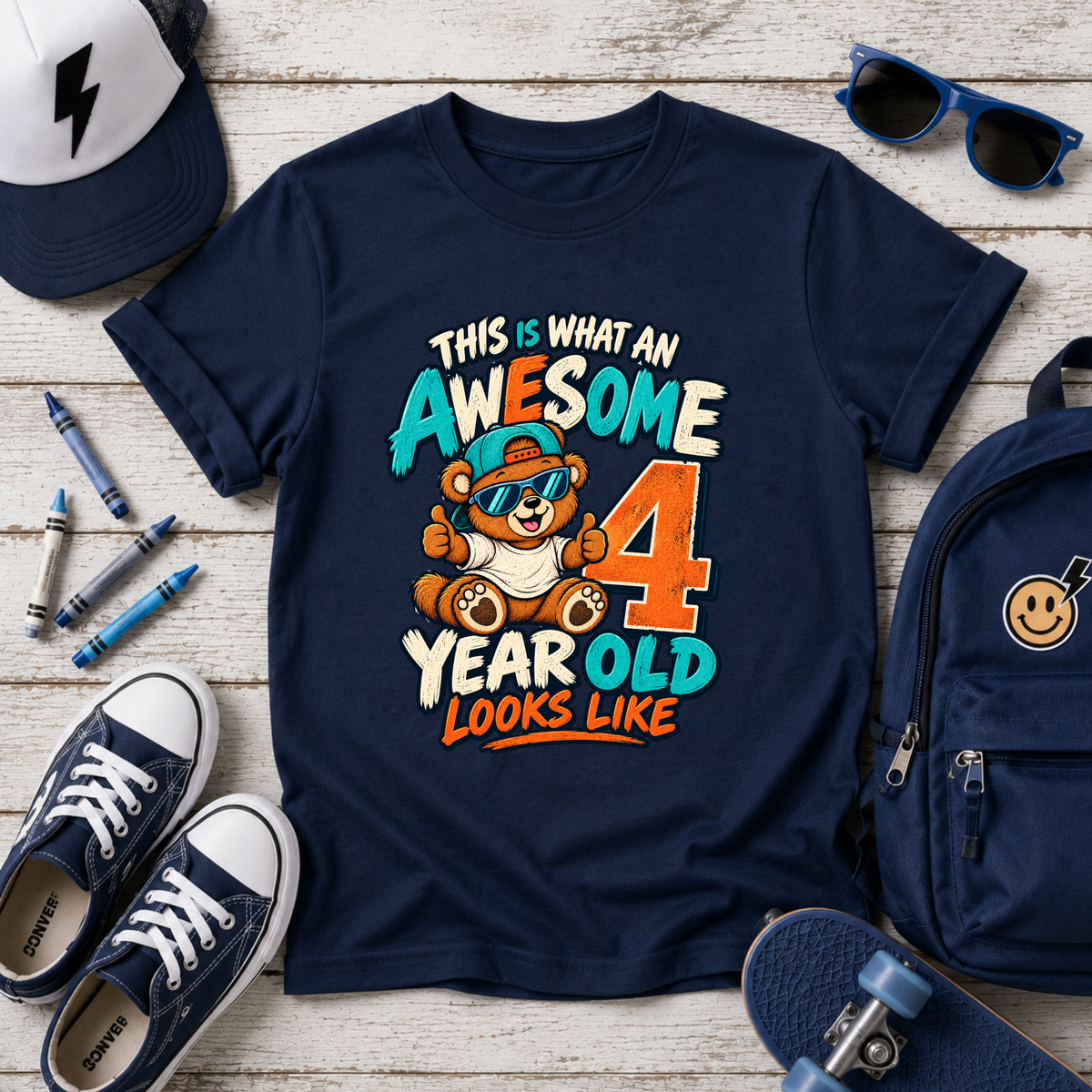 Kids 4th Birthday T‑Shirt - "This Is What An Awesome 4 Year Old Looks Like" Cute Bear Tee