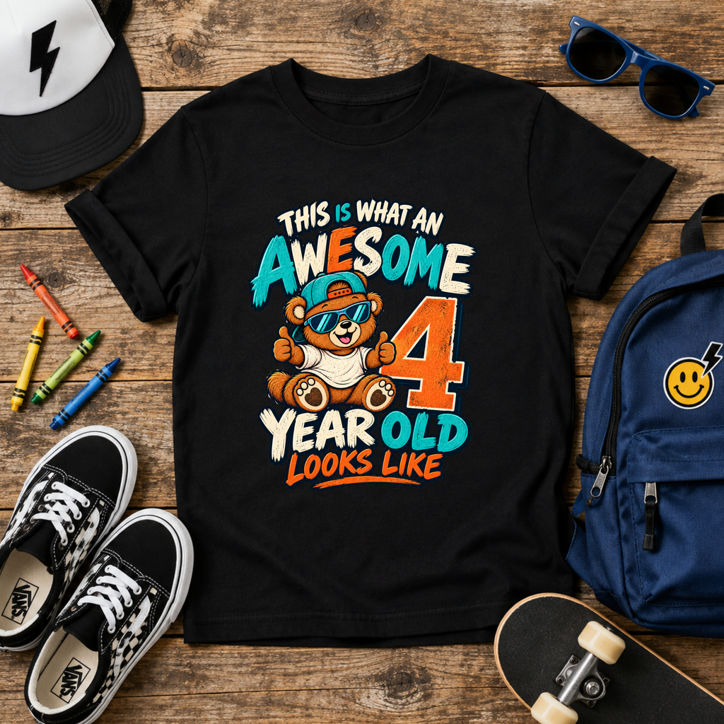 Kids 4th Birthday T‑Shirt - "This Is What An Awesome 4 Year Old Looks Like" Cute Bear Tee