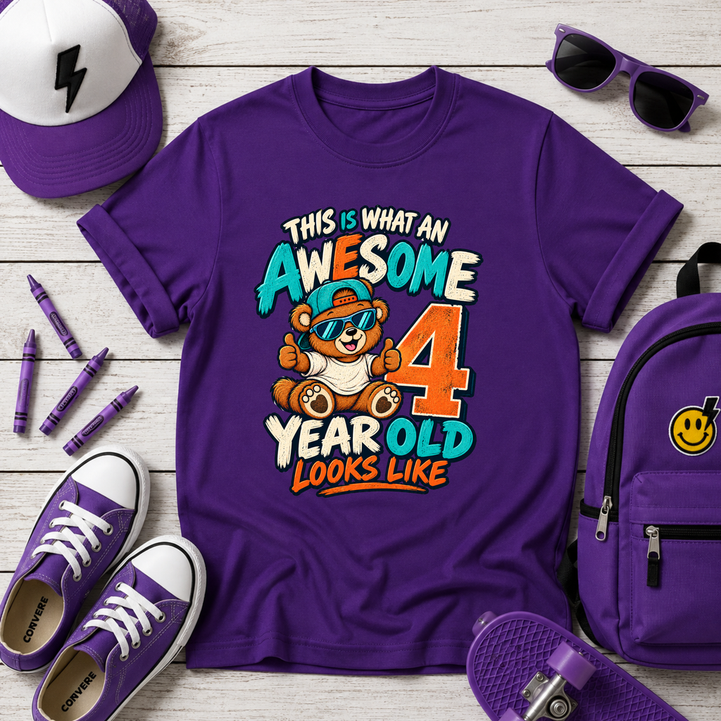 Kids 4th Birthday T‑Shirt - "This Is What An Awesome 4 Year Old Looks Like" Cute Bear Tee