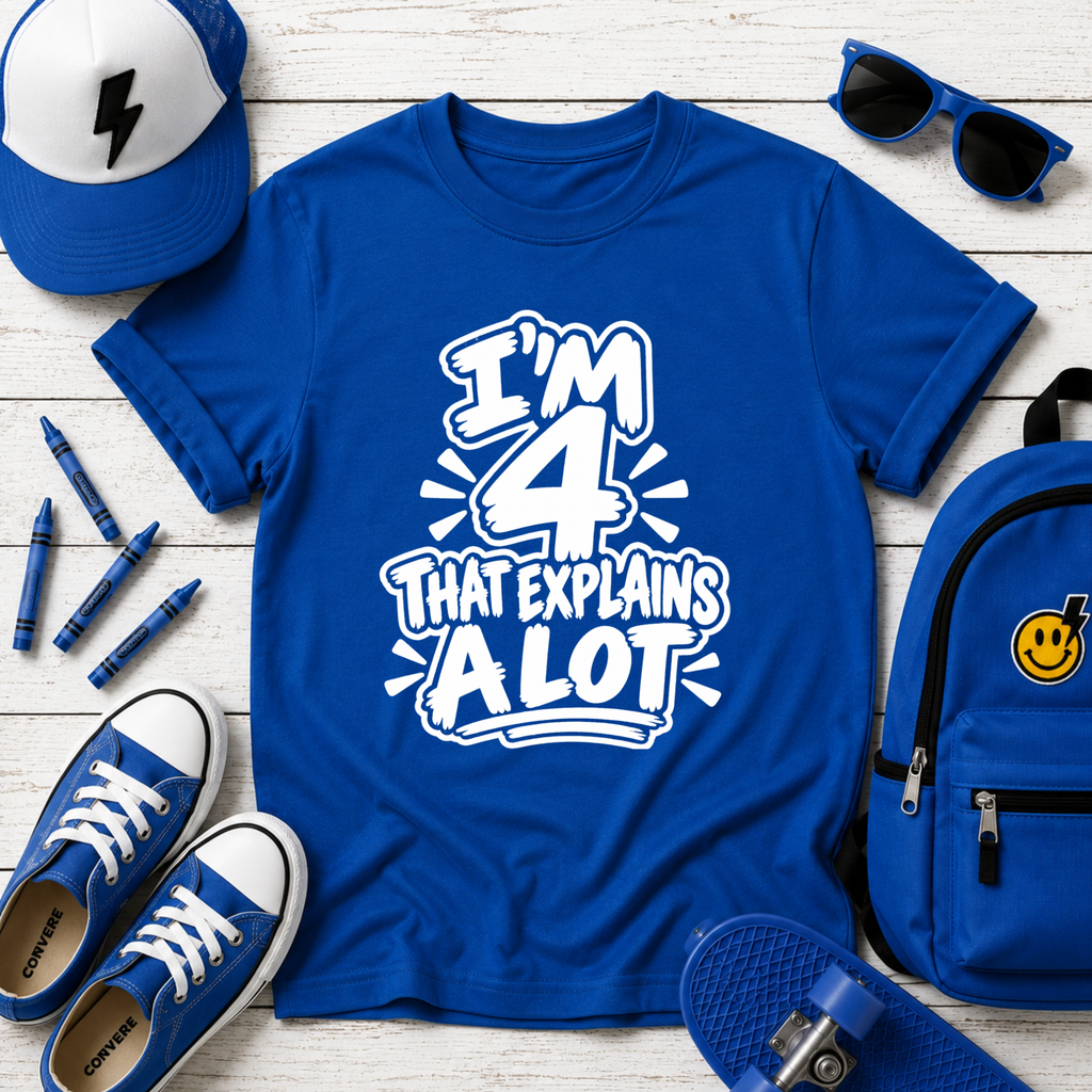 Kids Tee "I'm 4 That Explains A Lot" Funny Birthday Shirt