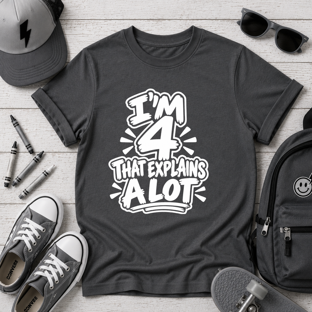 Kids Tee "I'm 4 That Explains A Lot" Funny Birthday Shirt