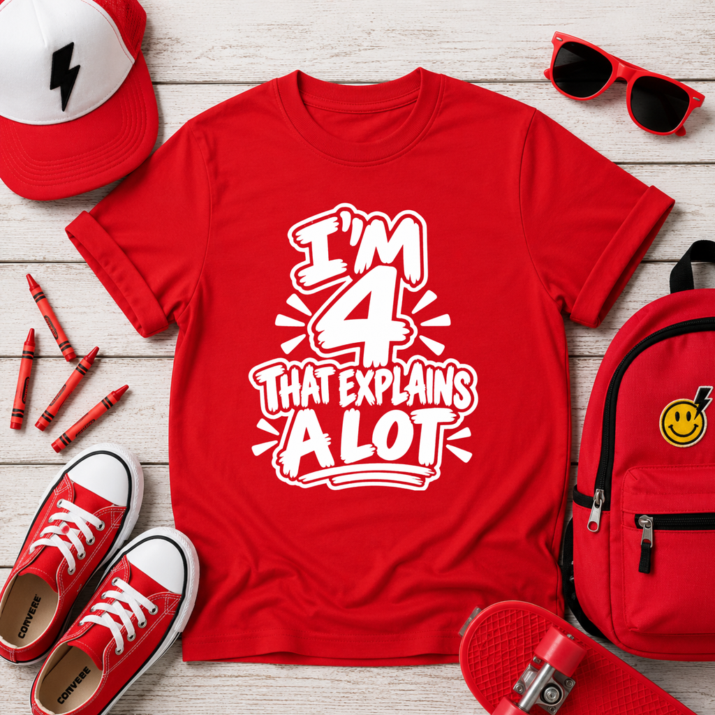 Kids Tee "I'm 4 That Explains A Lot" Funny Birthday Shirt