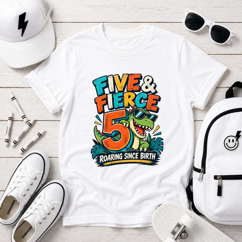 "Five & Fierce 5" Dinosaur Birthday Shirt (Roaring Since Birth)
