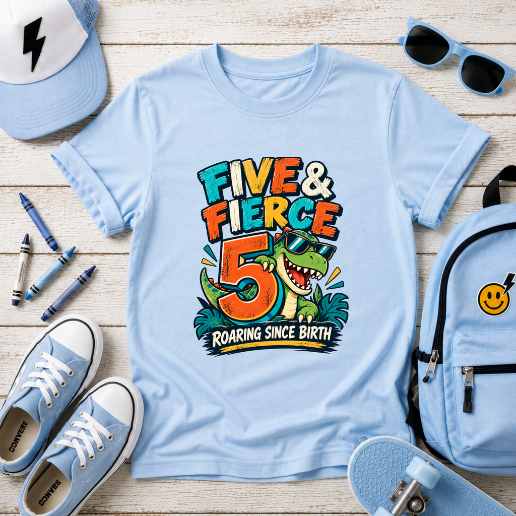 "Five & Fierce 5" Dinosaur Birthday Shirt (Roaring Since Birth)