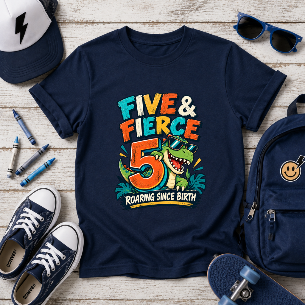 "Five & Fierce 5" Dinosaur Birthday Shirt (Roaring Since Birth)