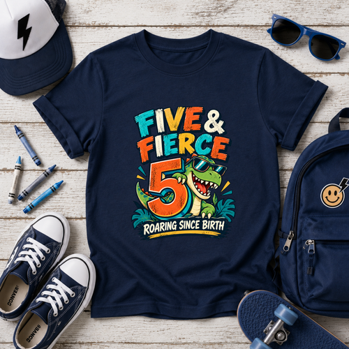 "Five & Fierce 5" Dinosaur Birthday Shirt (Roaring Since Birth)