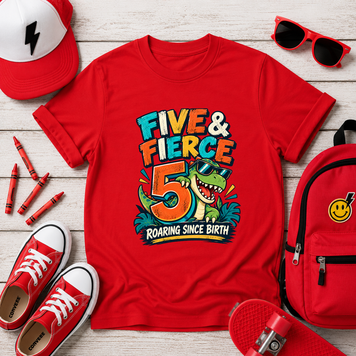 "Five & Fierce 5" Dinosaur Birthday Shirt (Roaring Since Birth)