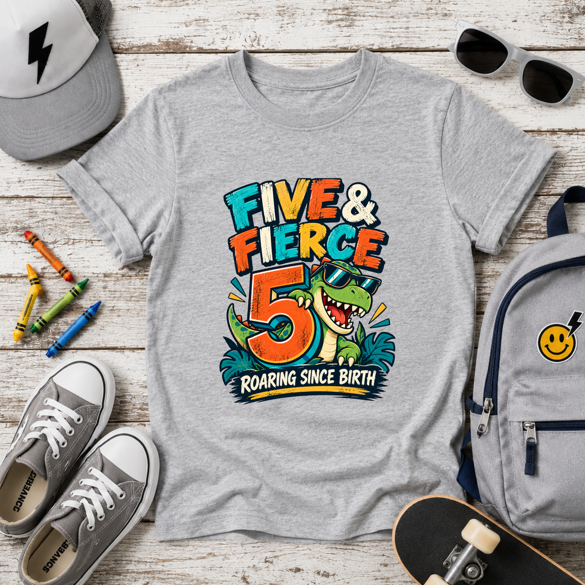 "Five & Fierce 5" Dinosaur Birthday Shirt (Roaring Since Birth)