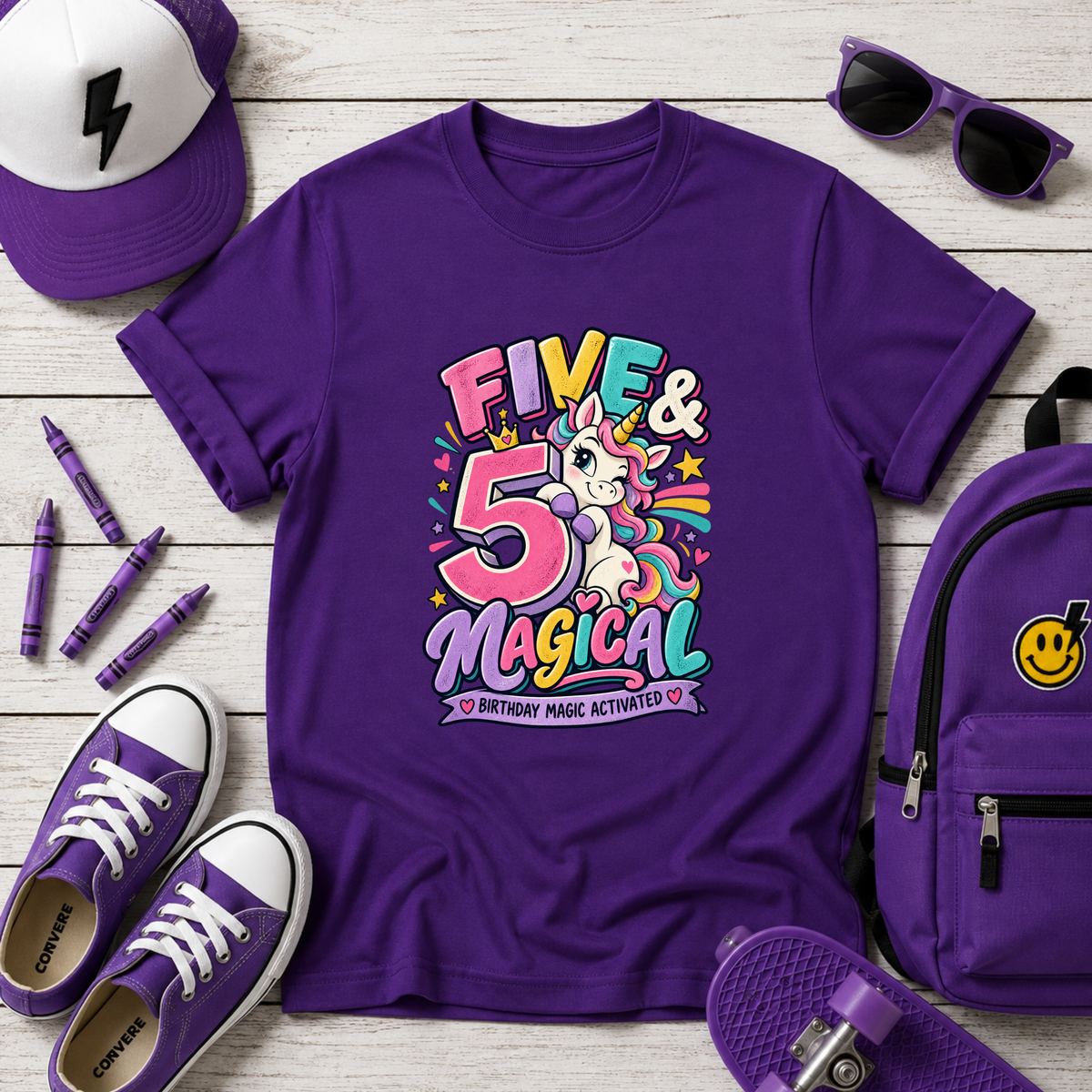 Kids Tee - "Five & Magical" Unicorn 5th Birthday Shirt