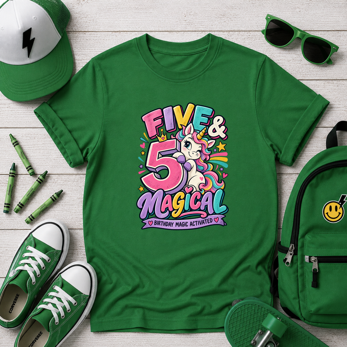 Kids Tee - "Five & Magical" Unicorn 5th Birthday Shirt