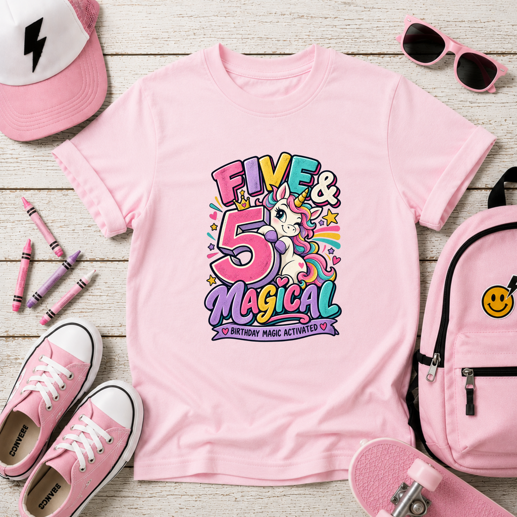 Kids Tee - "Five & Magical" Unicorn 5th Birthday Shirt
