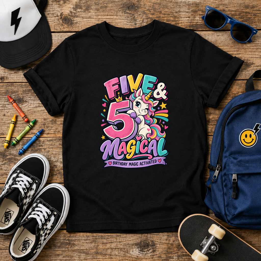 Kids Tee - "Five & Magical" Unicorn 5th Birthday Shirt