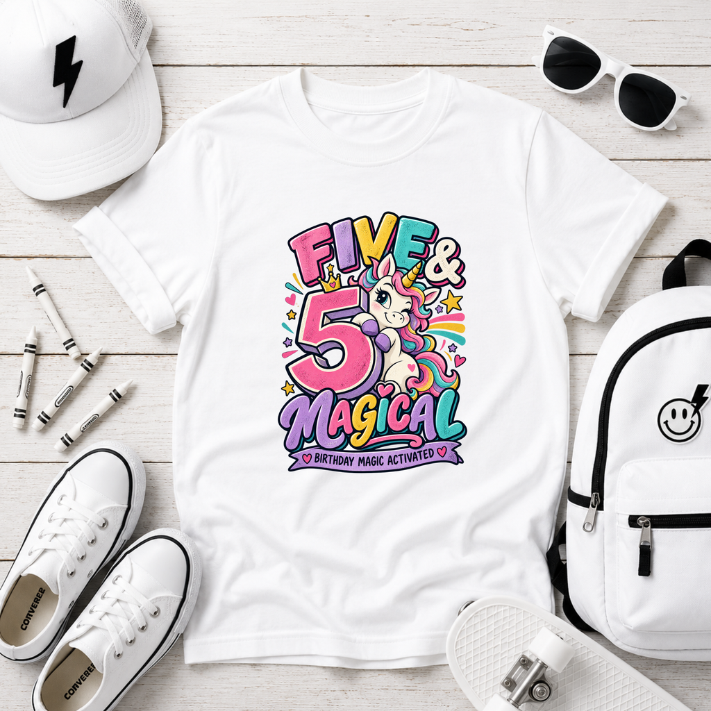Kids Tee - "Five & Magical" Unicorn 5th Birthday Shirt
