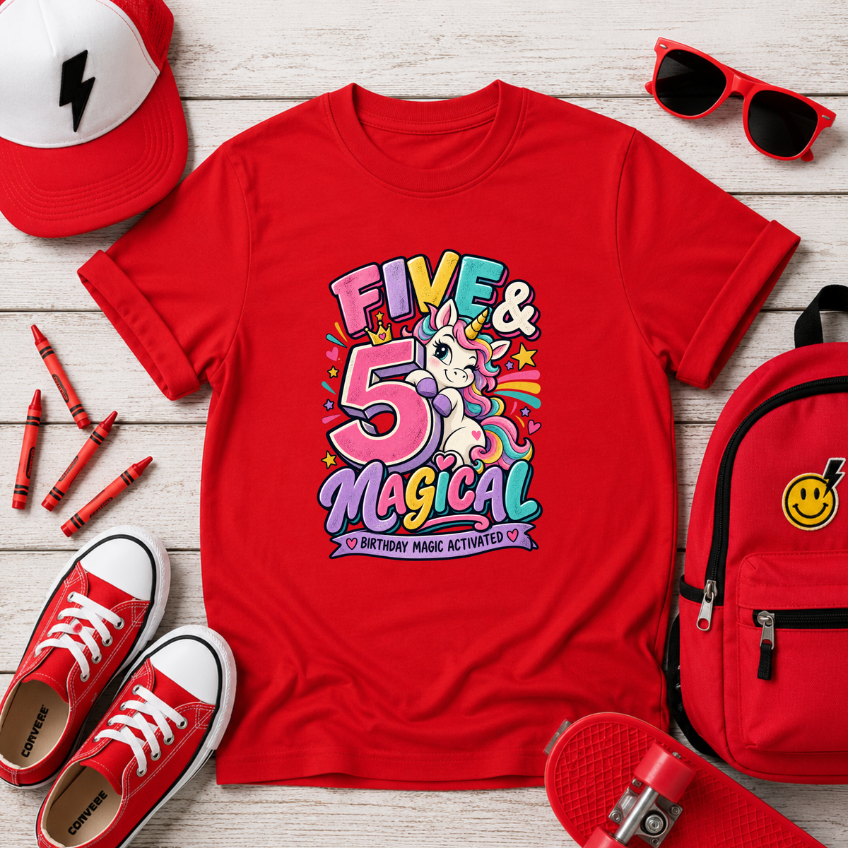 Kids Tee - "Five & Magical" Unicorn 5th Birthday Shirt
