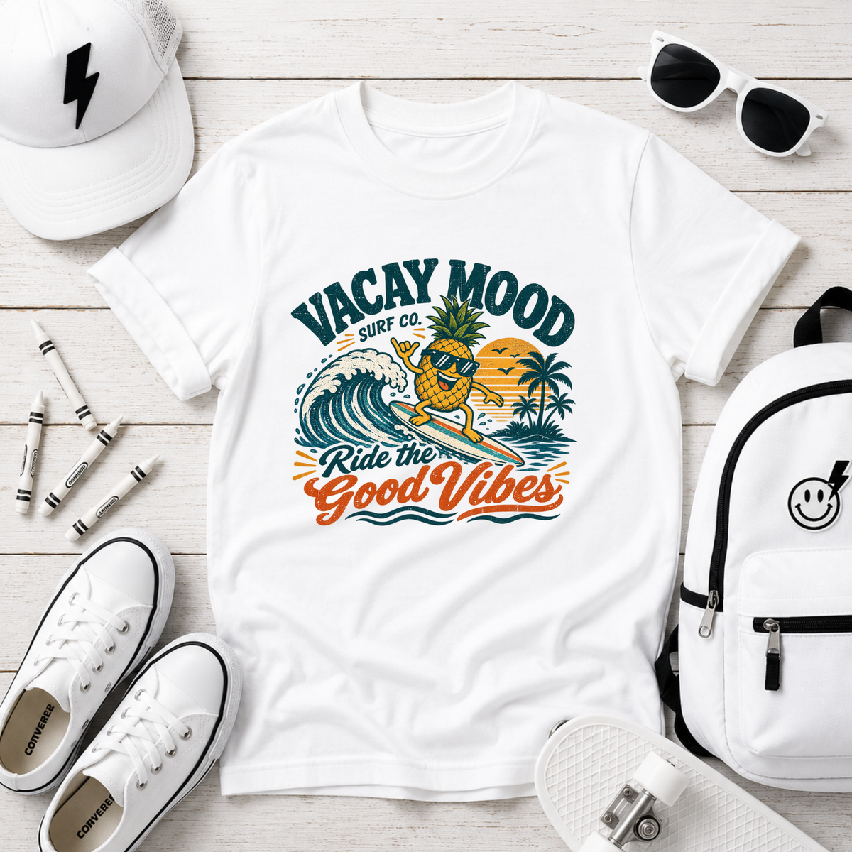 Kids Tee "Vacay Mood: Ride the Good Vibes" Surf Pineapple Design