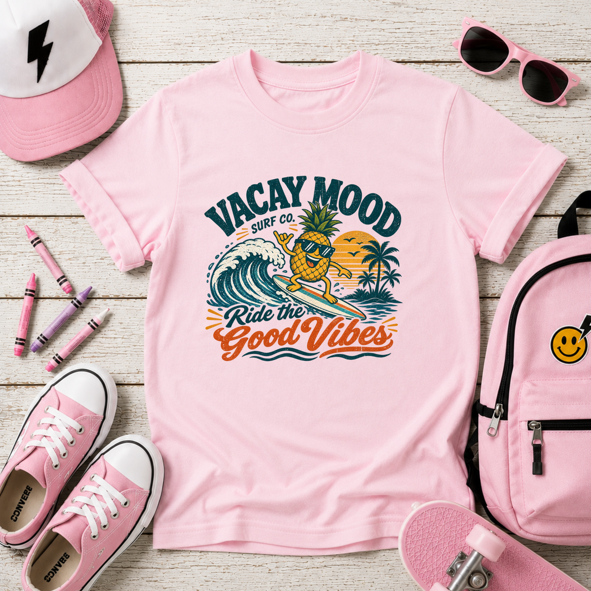 Kids Tee "Vacay Mood: Ride the Good Vibes" Surf Pineapple Design