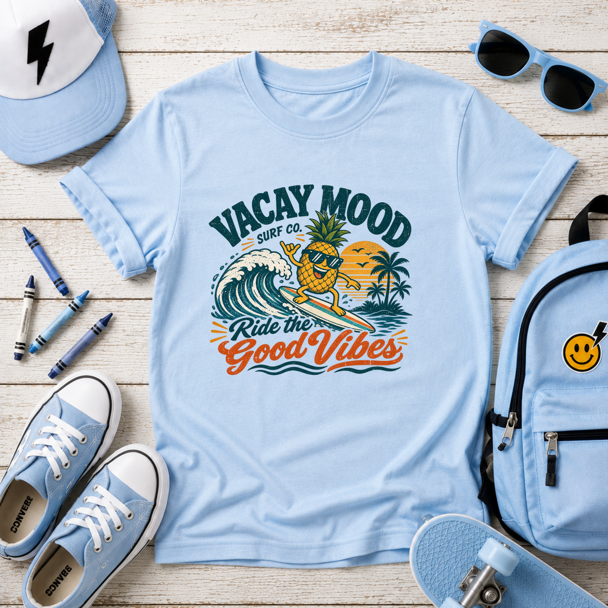Kids Tee "Vacay Mood: Ride the Good Vibes" Surf Pineapple Design